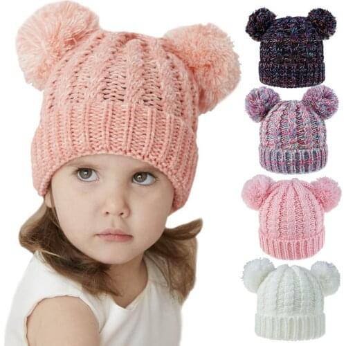 2021 Childrens Hat Autumn and Winter Hat European and American Woolen Hat Twist Woven Cute Double Ball Girls Knitted Hat