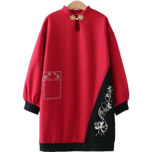 Fleece Red Long Hoodies Harajuku Embroidery Casual Oversize Pullover Sweatshirt Women 2021 Winter Stand Collar Female Top