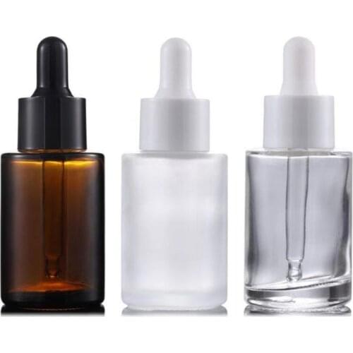 30ml Frosted /Clear /Amber Flat Shoulder Essence Bottles Thick 1OZ Glass Dropper Container with White Black Lids LX8759