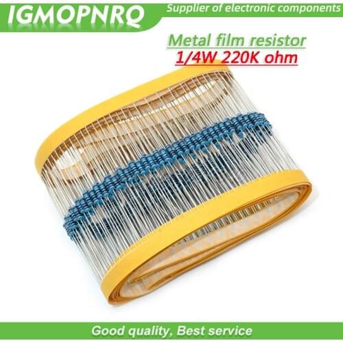 100pcs Metal film resistor Five color ring Weaving 1/4W 0.25W 1% 220K 220K ohm 220Kohm
