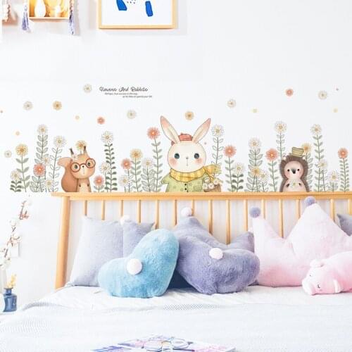Cute Rabbit Flowers Wall Stickers Kids Room Bedroom Decor Vinly Wallpaper Nursery Decoration Wall Decals Wallstickers Art