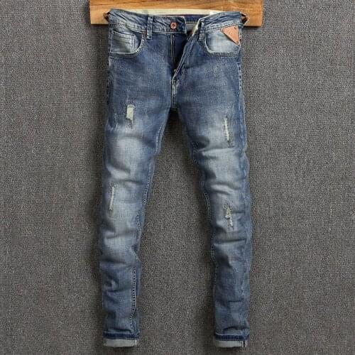 Korean Style Fashion Men Jeans High Quality Retro Blue Elastic Cotton Slim Fit Ripped Jeans For Men Vintage Designer Denim Pants