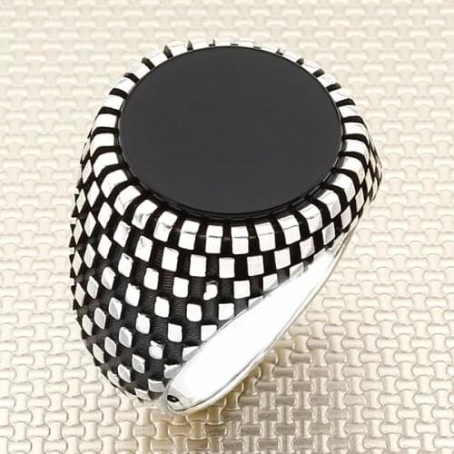 Round Black Onyx Stone Men Silver Ring With Symmetrical Motif Made in Turkey Solid 925 Sterling Silver