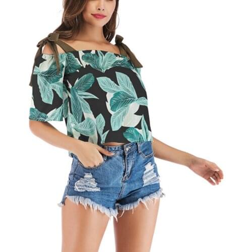 New Summer Womens Clothes of 2019 with Slash Neck Shoulder-length Beach Chiffon Shirt and Suspender Straps and Broken Flowers