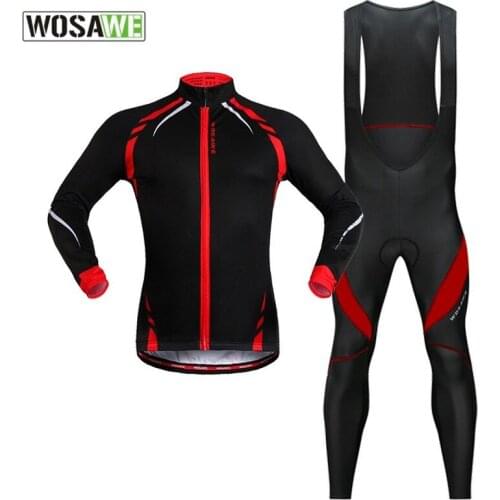 WOSAWE Autumn Winter Mens Cycling Jersey Set Long Sleeve Shirt Bib Pants Thermal Fleece Warm Cycling Bike Bicycle Clothing Suit