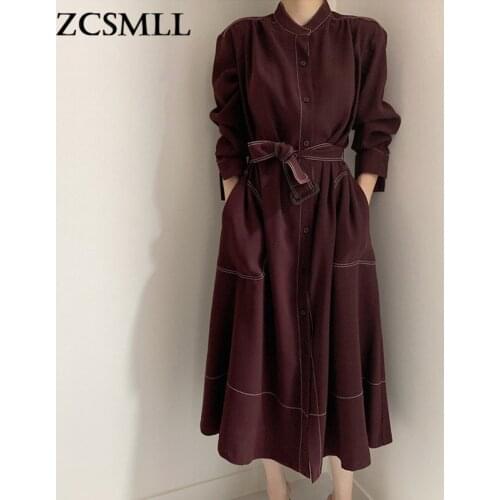 ZCSMLL Korean Dresses for Women Minimalist Stand-up Collar Top-line Single-breasted Loose Tie Windbreaker Dress Long Style