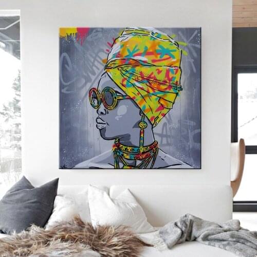 Scandinavian Black Woman Poster Graffiti Scarf Canvas Painting Wall Pictures For Living Room Nordic Decor Street Graffiti Art