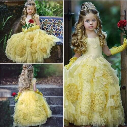 Puffy Yellow Flower Girl Dresses Ruffles Lace Princess Dress Kids First Communion Dresses Girl Birthday Dress Pageant Gown