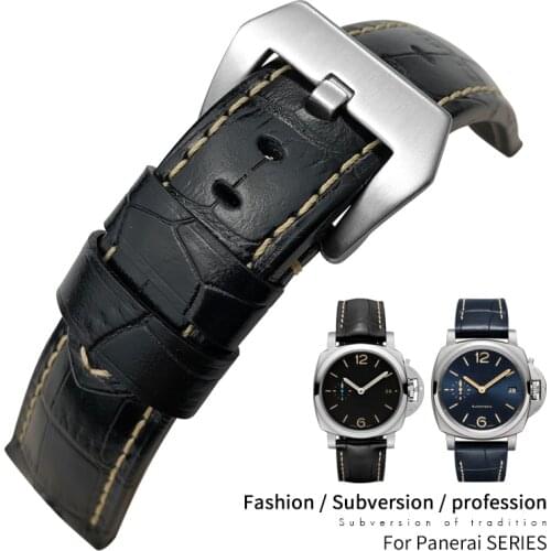24mm Genuine Leather Watch Band fit for PAM Panerai Luminor Green Red Blue Cowhide Strap Stainless Steel Buckle Free Tools