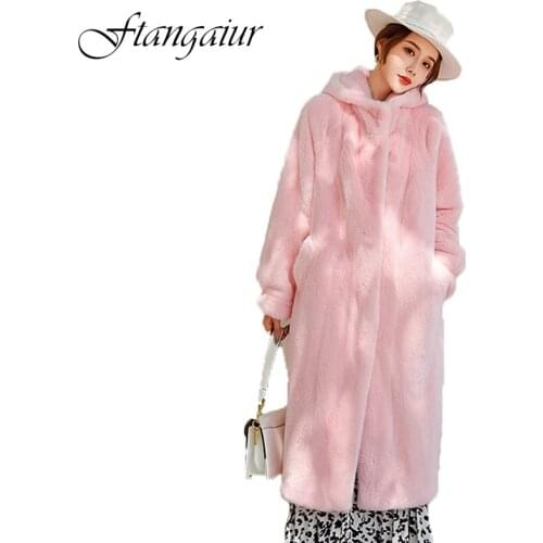 Ftangaiur 2020 Winter Import Purple Standard Velvet Mink Fur Coat Womens With Fur Hood Solid Medium Natural Real Mink Fur Coats