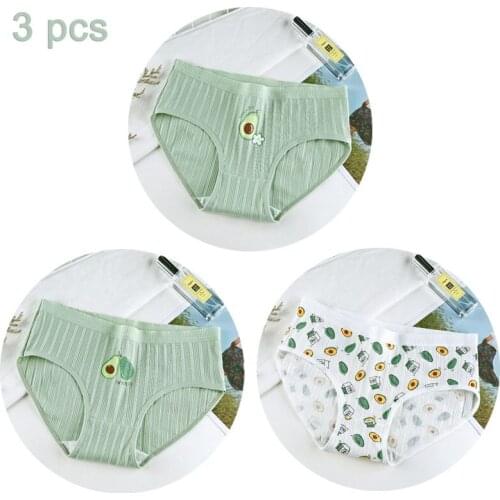 3Pcs/Pack Green Avocado Printed Panties For Women Cute Fruit Cotton Briefs Underwear Soft Breathable Underpants Student Lingerie