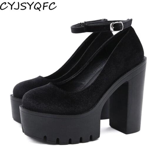 CYJSYQFC Autumn Women Chunky Block High Heels Platform Shoes Ankle Strap Buckle Pumps Noble Flock Thick Bottom Punk Goth Shoes
