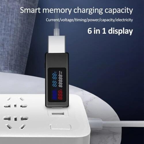 6 in 1 USB Tester DC4-30V 0-6.5A Voltage Cureent DC Digital Meter Timing Ammeter Monitor Power Bank Capacity Charger Indicator