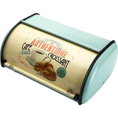 Vintage Bread Box Storage Bin Rollup Top Light Blue Small Powder Coated Bread Iron Snack Boxes Food Containerfor Kitchen Home De