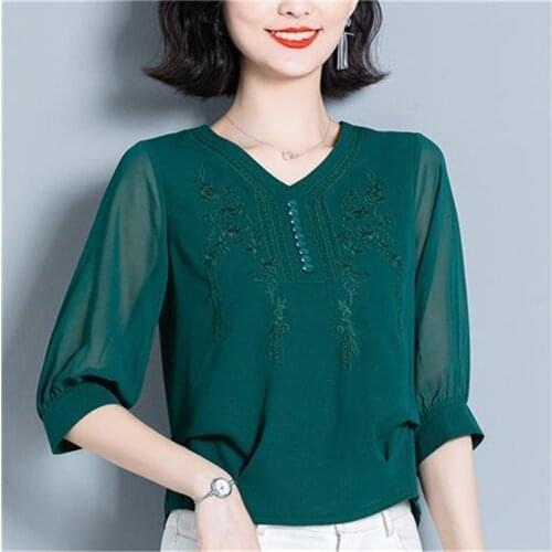 Women Spring Summer Chiffon Shirt Short Sleeve V-Neck Embroidery Casual Blouses Temperament Stylish Tops Elegant Blusas MM0651