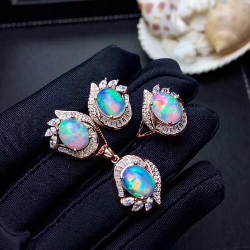 Natural Multicolor opal jewelry sets natural gemstone ring pendant Earrings 925 silver Luxurious wind women fine party jewelry