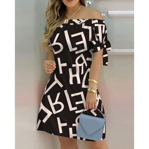 Women Elegant Short Sleeve Drawstring Dresses Cotton Ruched Letter Print Off Shoulder Casual Dress