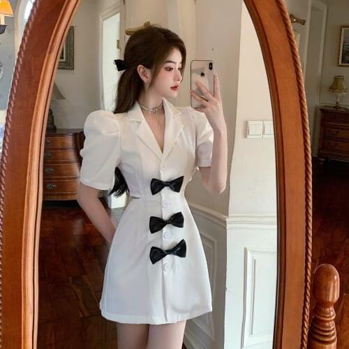 Womens Spring Summer Fashion Sexy Expose Waist Single-Breasted Black White Pink Slim Bow Suit Dress Hollow Out A-line Dresses