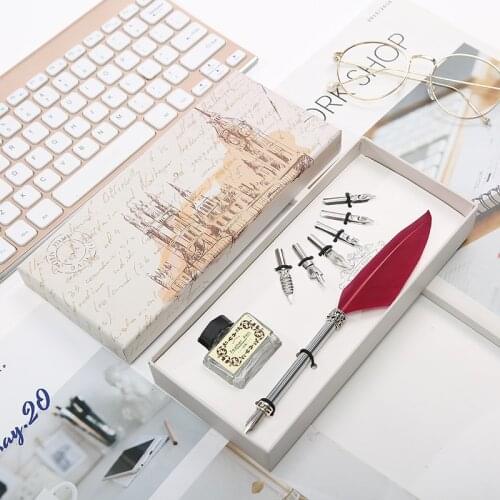 1 Set Of Calligraphy Feather Dip Pen Writing Ink Set Wedding Gift Retro Pen 6 Nib Student Writing Stationery