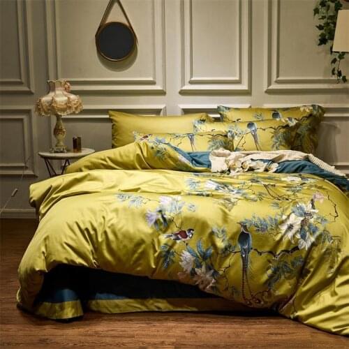 Birds Branch Printed Egyptian Cotton Silky Soft Duvet Cover US Queen Size Bedding Set 4pcs XF1032-1