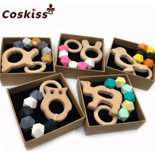 5 Pieces/lot Custom Organic Wood Animal Play Gym Toy Teething Toy Baby Teether Silicone Toys