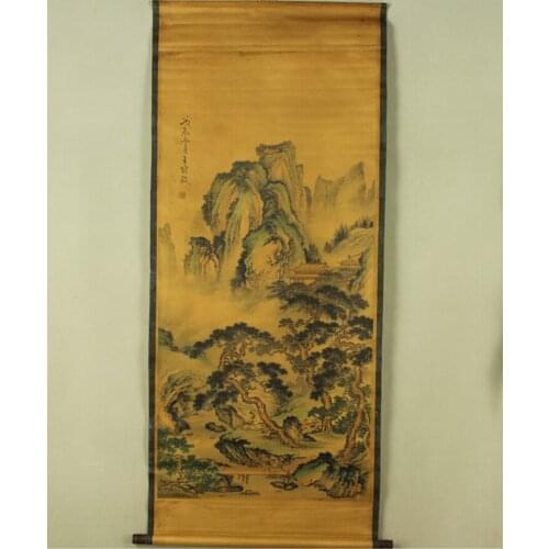 Antique painting traditional Chinese Wang Shi Min Mountain and water painting scroll painting,old paper painting