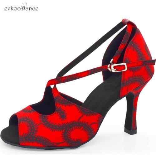 Evkoodance Practice Latin Shoes Red 8.3cm High Heel Party Dance Shoes Soft Sole Latin Salsa Tango Satin Sandal Shoes