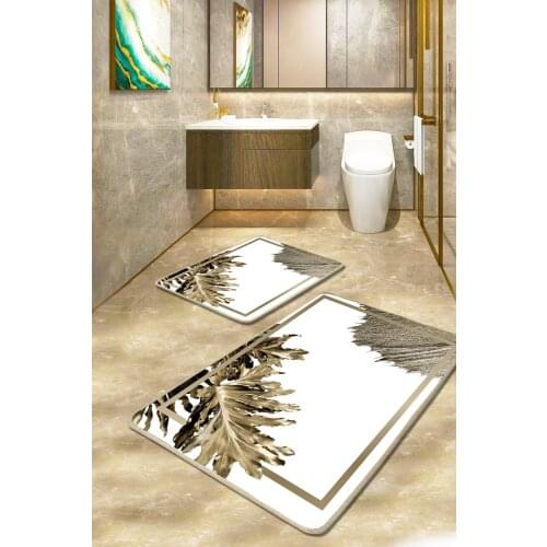 White Gold White Leaf 2li Washable Toilet Seat Pad Bath Mat Doormat X Digital Print Cotton 2'li Figured Ecru