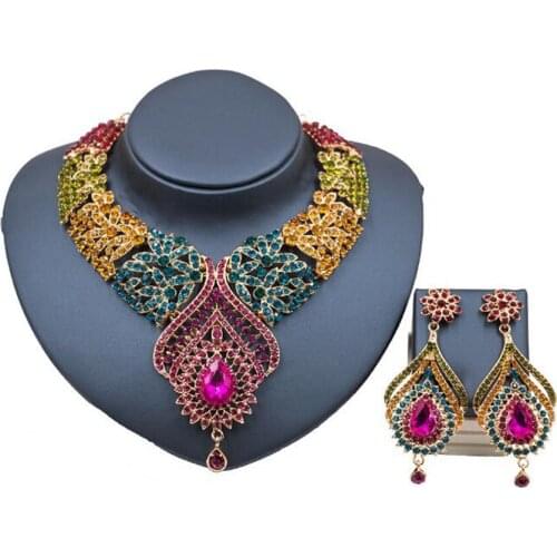 DiLiCa Gorgeous Crystal Flower Statement Necklace Earrings Set Jewelry Women Bridal Jewelry Sets Maxi Necklaces&Pendants