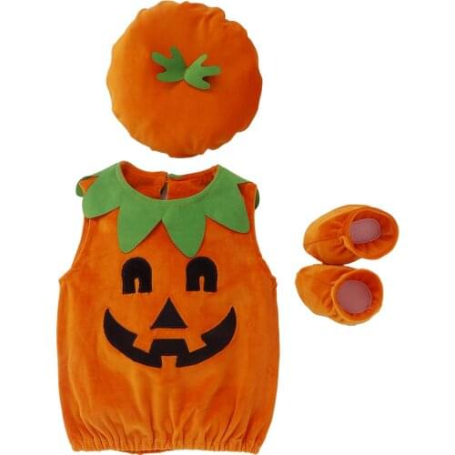 Hot Newborn Baby Halloween Cosplay CostumePumpkin Print Top+Solid Shoes+Patchwork Hat