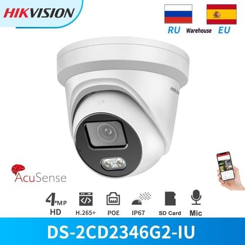 Hikvision AcuSense Turret PoE 4 MP IP Camera DS-2CD2346G2-IU Human Vehicle Classification Built-In Mic SD Card Slot H265+ IP67