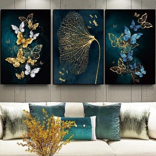 Nordic Art Blue Gold Butterfly Oil Painting on Canvas Wall Art Posters Prints Wall Pictures for Living Room Home Cuadros Decor