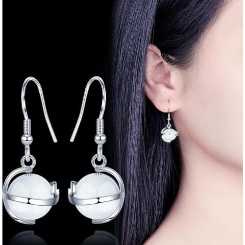 KOFSAC Latest 925 Sterling Silver Earrings For Women Jewelry Cute White Cats Eye Crystal Ball Earring Girl Party Accessories