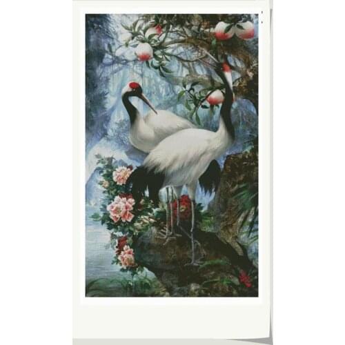 Manufacturer Needlepoints Cranes and Peach Cross Stitch Embroidery Kits with 100% Cotton Flosses & Free Shipping for Home Decor