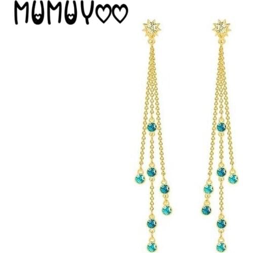 SWA Fashion Jewelry High Quality Glamour Blue Crystal Gold Bohemian Tassel Pierced Earrings Female Romantic Christmas Gift