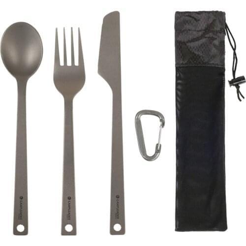 Titanium Cutlery Set Lightweight Fork Spoon Cutter Set with Carabiner and Storage Pouch for Travel Camping Hiking Picnic