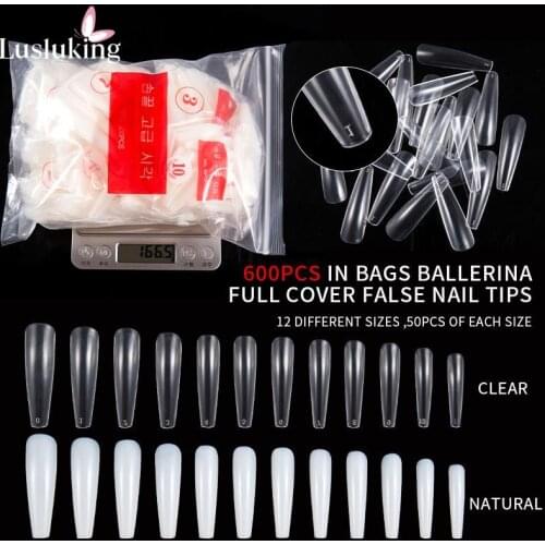 Full Cover Long Ballerina Coffin False Nail Tips Manicure Extension Fingernails Tool Natural/Clear 240/600Pcs Set