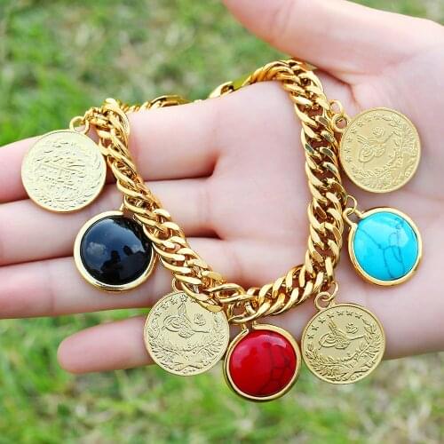 Wholesale Chain Bracelet Boho Cuba Turkey Sudan Flower Allah Coin Turquoise Charms Bracelets for Women Luxury Jewelry