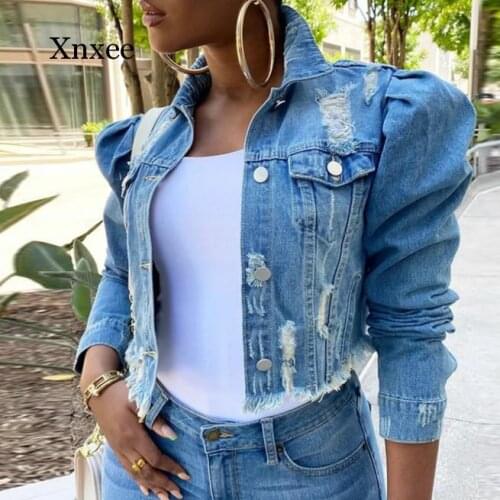 Autumn Women Sexy Ripped Denim Jackets 2020 Vintage Casual Short Jean Jacket Puff Sleeve Winter Female Coat Streetwear Plus Size