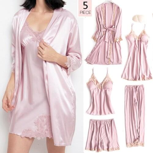 5PCS Sleepwear Female Pajamas Set Satin Pyjamamas Sexy Lace Patchwork Bridal Wedding Nightwear Rayon Home Wear Nighty&Robe Suit