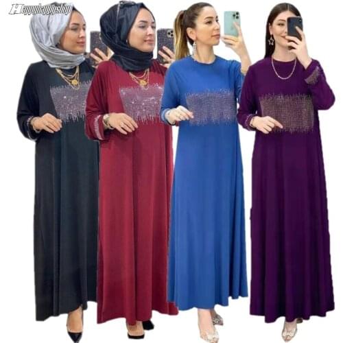Dubai Dress With Diamonds Muslim Islamic Women Ramadan EID Abaya Gown Islamic Turkish Kaftan Arab Modesty Long Sleeve Robe