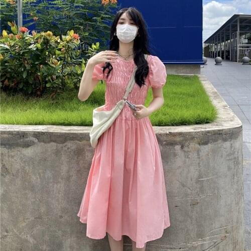 Dress Gentle Wind Square Neck Puff Sleeve Midi Skirt Female Summer New Style Korean Loose Slim High Waist Dress