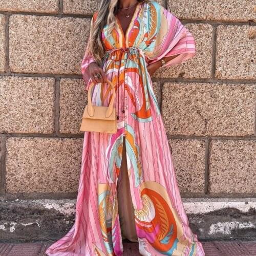 Boho Print Drawstring Beach Dress Saida De Praia Swimsuit Women Bikini Cover Up Tunics for Beach Pareo Sarong Beachwear