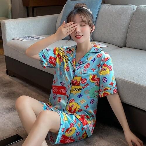 Plus Size Sweet Pajamas Women Sleepwear Sets Femme Summer Pijama Short Sleeve Homewear Suit Leisure Lingerie Silk Pajamas Set