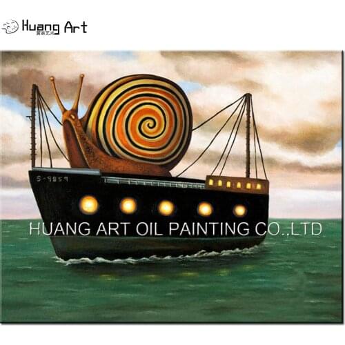 Handmade Snail on Yacht Landscape Oil Painting Modern Pop Seascape Painting for Living Room Decor Home Art Picture