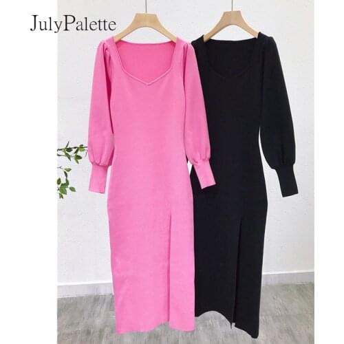 JulyPalette Sexy V-neck Split Knitted Dress Elegant Office Ladies Puff Sleeve Midi Dress 2021 Fall Winter Female Bodycon Dress