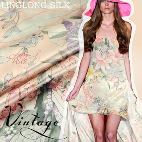 PRINTED SILK CHARMEUSE SATIN 114cm width 16momme/100% Pure Mulberry Silk Fabric/Patchwork Kids Dress Sewing Fabric with Flower