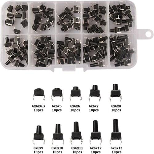 10 Models 100pcs 6*6 Tact Switch Tactile Push Button Switch Kit 4P Micro Switch 6x6 Key Switch