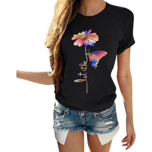 Let It Be Letter Daisy Print T Shirt Women Short Sleeve O Neck Loose Tshirt Summer Women Tee Shirt Tops Camisetas Mujer