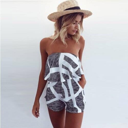New Bohemian Style Jumpsuit Women Slash Neck Striped Ruffle Body Femme Print Playsuit 2020 Summer Beach Jumpsuit Clothes Tops